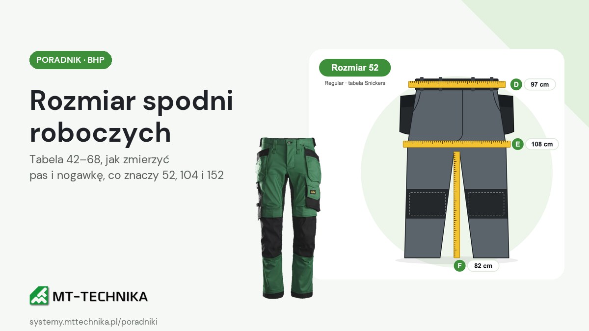 Rozmiar spodni roboczych – tabela i pomiar pasa, bioder i nogawki – poradnik MT Technika