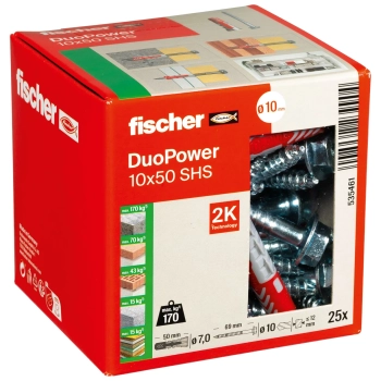 Kołek uniwersalny Fischer DuoPower 10x50 S z wkrętem sześciokątnym 7x69 mm – opakowanie