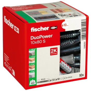 Kołek uniwersalny Fischer DuoPower 10x80 S z wkrętem sześciokątnym 7x107 mm – opakowanie
