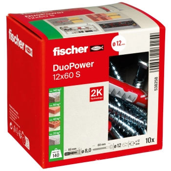 Kołek uniwersalny Fischer DuoPower 12x60 S z wkrętem sześciokątnym 8x80 mm – opakowanie
