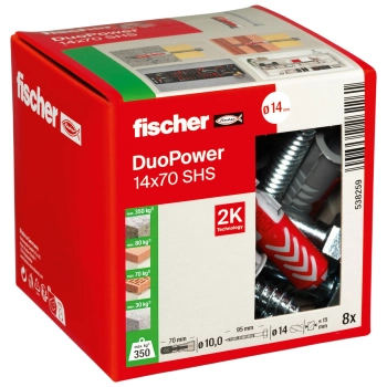 Kołek uniwersalny Fischer DuoPower 14x70 S z wkrętem sześciokątnym 10x95 mm – opakowanie