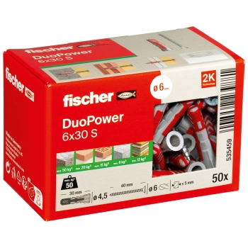 Kołek uniwersalny Fischer DuoPower 6x30 S z wkrętem 4,5x40 mm – opakowanie