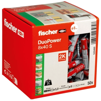 Kołek uniwersalny Fischer DuoPower 8x40 S z wkrętem 5x55 mm – opakowanie