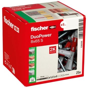 Kołek uniwersalny Fischer DuoPower 8x65 S z wkrętem 5x80 mm – opakowanie
