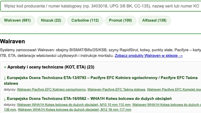 Wyszukiwarka dokumentów: karty techniczne, deklaracje właściwości użytkowych, ETA i KOT