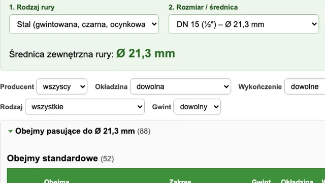 Kalkulator doboru obejmy do rury – rodzaj rury, średnica, izolacja i filtry