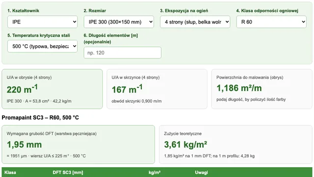 Kalkulator wskaźnika masywności U/A i grubości farby ogniochronnej Promapaint SC3