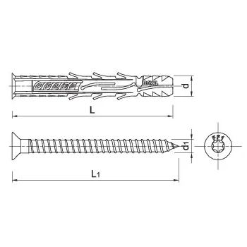 Kołek ramowy R-FF1 8x120 mm z wkrętem (łeb stożkowy) Rawlplug – rysunek techniczny z wymiarami