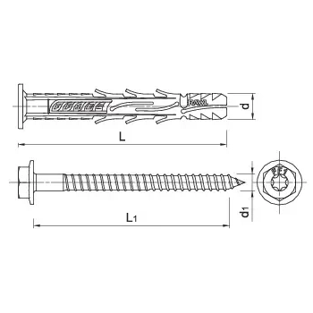 Kołek ramowy z kołnierzem R-FF1 10x140 mm z wkrętem (łeb sześciokątny) Rawlplug – rysunek techniczny z wymiarami