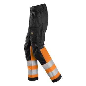 Spodnie robocze damskie odblaskowe stretch z workami kieszeniowymi, EN ISO 20471 kl. 1 Snickers High-Vis 6734 – lewy bok