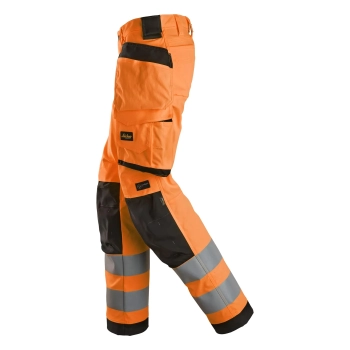Spodnie robocze damskie odblaskowe stretch z workami kieszeniowymi, EN ISO 20471 kl. 2 Snickers High-Vis 6743 – lewy bok