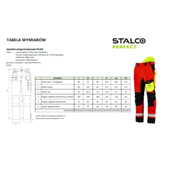 Spodnie antyprzecięciowe PILAR Stalco Perfect – tabela wymiarów