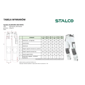 Spodnie robocze ALLROUND LINE Stalco – tabela wymiarów