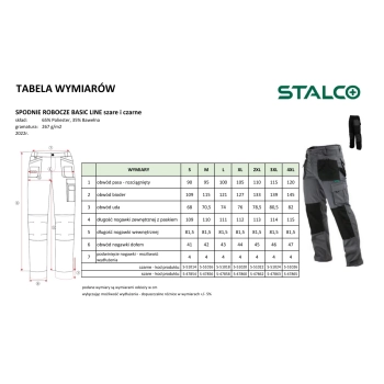 Spodnie robocze BASIC LINE Stalco – tabela wymiarów