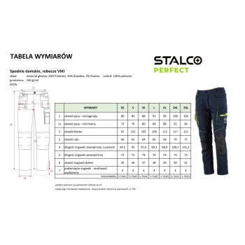 Spodnie robocze damskie VIKI Stalco Perfect – tabela wymiarów
