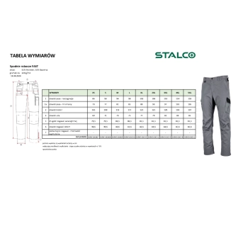 Spodnie robocze FAST Stalco – tabela wymiarów