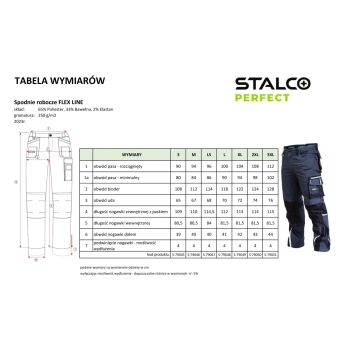 Spodnie robocze FLEX LINE Stalco Perfect – tabela wymiarów