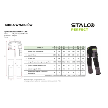 Spodnie robocze HEAVYLINE Stalco Perfect – tabela wymiarów