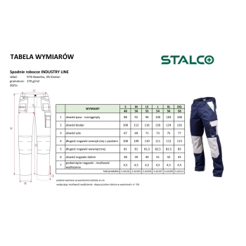 Spodnie robocze INDUSTRY LINE Stalco – tabela wymiarów