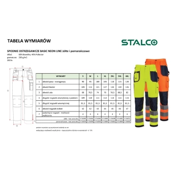Spodnie robocze odblaskowe BASIC NEON LINE Stalco – tabela wymiarów