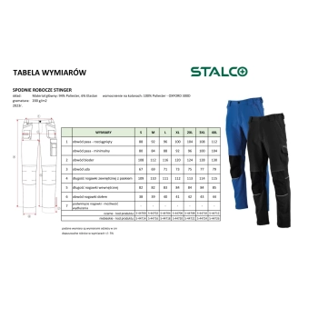 Spodnie robocze STINGER Stalco – tabela wymiarów